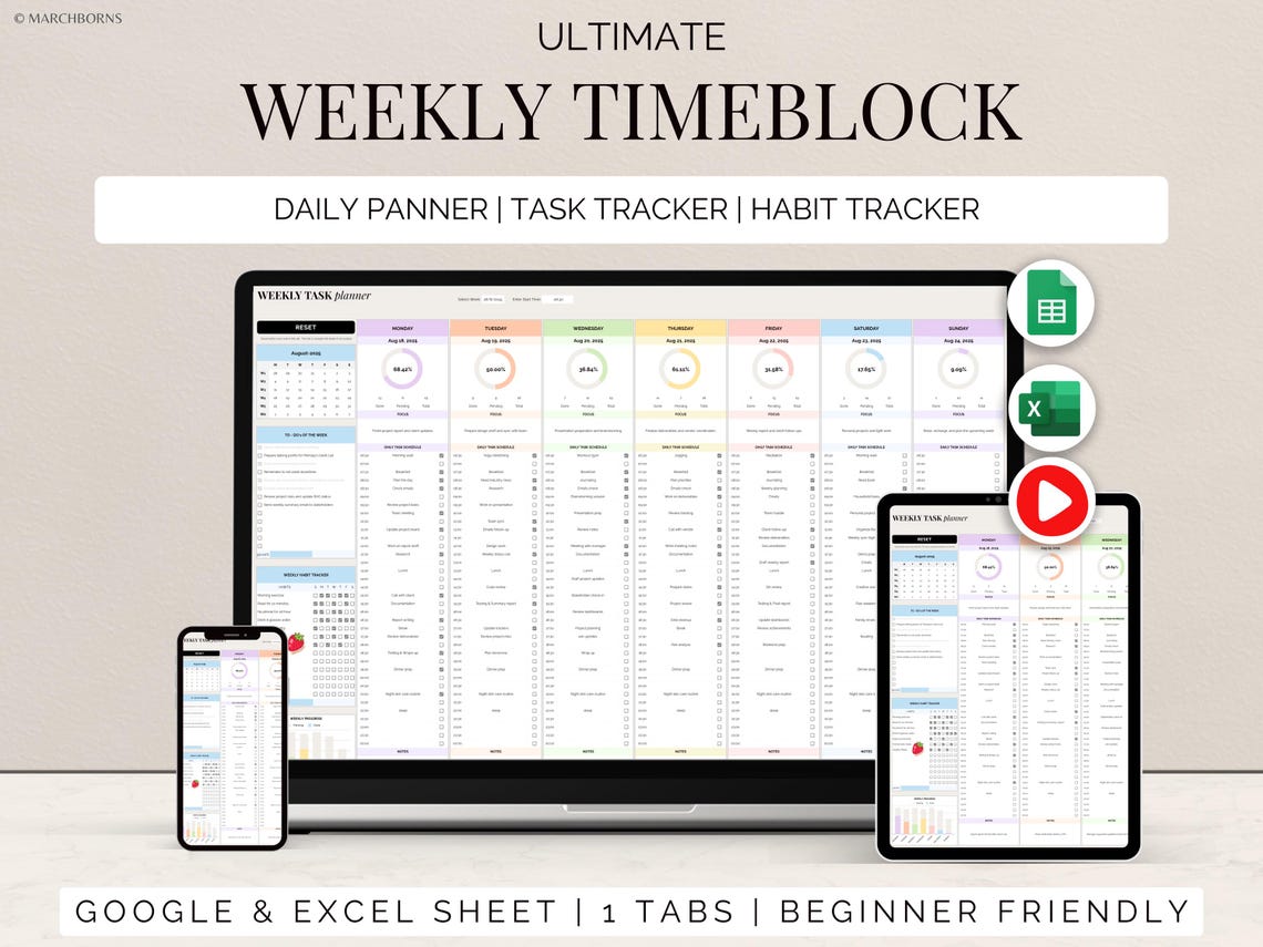 Simple Block Planner Weekly Time Block Planner Schedule Google Sheets Daily Activity Tracker ...