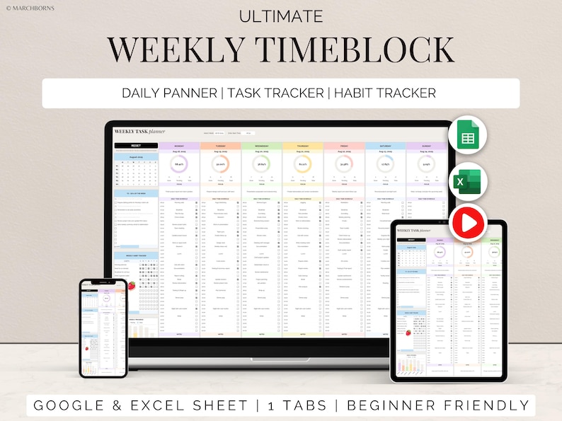 Weekly Time Block Planner Schedule Google Sheets Daily Activity Tracker ...