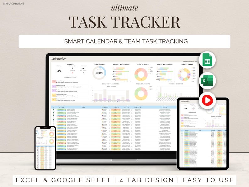 May include: A digital task tracker displayed on a laptop, tablet, and smartphone. The screen shows a spreadsheet with charts and data. The text "ultimate TASK TRACKER" and "SMART CALENDAR & TEAM TASK TRACKING" are visible. The design includes Excel and Google Sheet compatibility.