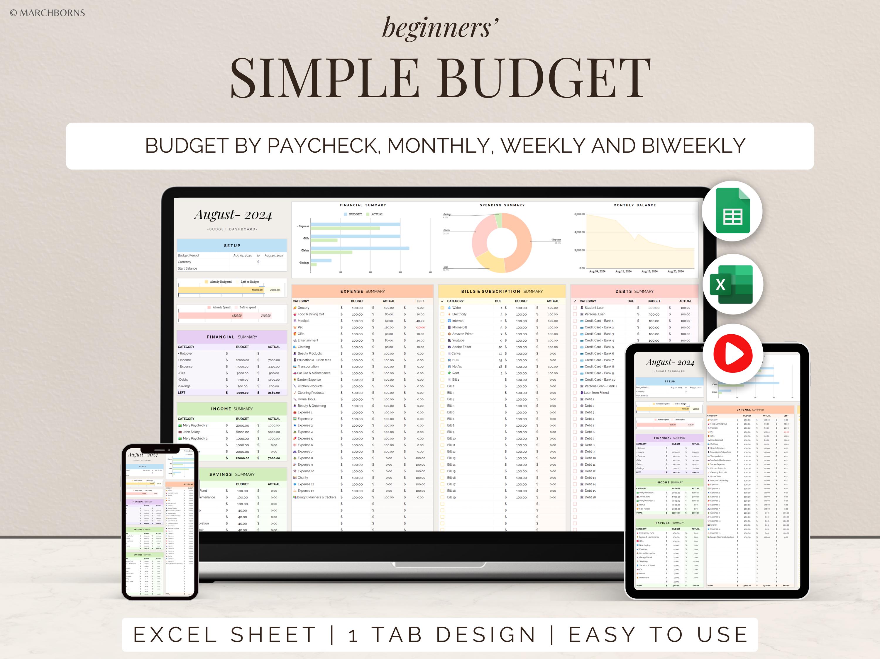 Simple Budget Spreadsheet Monthly Weekly Biweekly Semi-monthly Paycheck ...