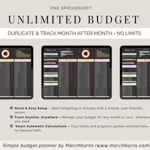 Może przedstawiać: Cyfrowy planista budżetu wyświetlany na trzech tabletach. Tekst brzmi &bdquo;UNLIMITED BUDGET&rdquo; i &bdquo;DUPLICATE & TRACK MONTH AFTER MONTH - NO LIMITS&rdquo;. Funkcje obejmują szybką konfigurację, śledzenie w dowolnym momencie i automatyczne obliczenia. Simple budget planner by Marchborns.