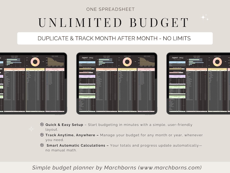 Może przedstawiać: Cyfrowy planista budżetu wyświetlany na trzech tabletach. Tekst brzmi &bdquo;UNLIMITED BUDGET&rdquo; i &bdquo;DUPLICATE & TRACK MONTH AFTER MONTH - NO LIMITS&rdquo;. Funkcje obejmują szybką konfigurację, śledzenie w dowolnym momencie i automatyczne obliczenia. Simple budget planner by Marchborns.