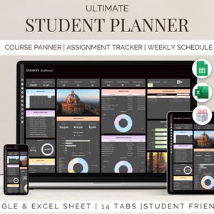 Academic student Planner Google Sheets Assignment tracker University School Study Schedule College Organizer Budget Excel template dark mode