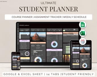 Academic student Planner Google Sheets Assignment tracker University School Study Schedule College Organizer Budget Excel template dark mode