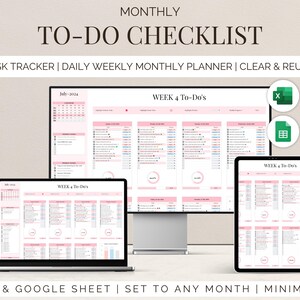 May include: A digital monthly to-do checklist template in Excel and Google Sheets format. The template is designed to be minimalist and includes a calendar, weekly to-do lists, and a task tracker. The template is set to July 2024, but can be easily adjusted to any month.
