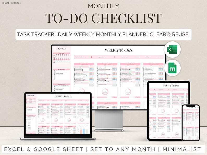 May include: A digital monthly to-do checklist template in Excel and Google Sheets format. The template is designed to be minimalist and includes a calendar, weekly to-do lists, and a task tracker. The template is set to July 2024, but can be easily adjusted to any month.