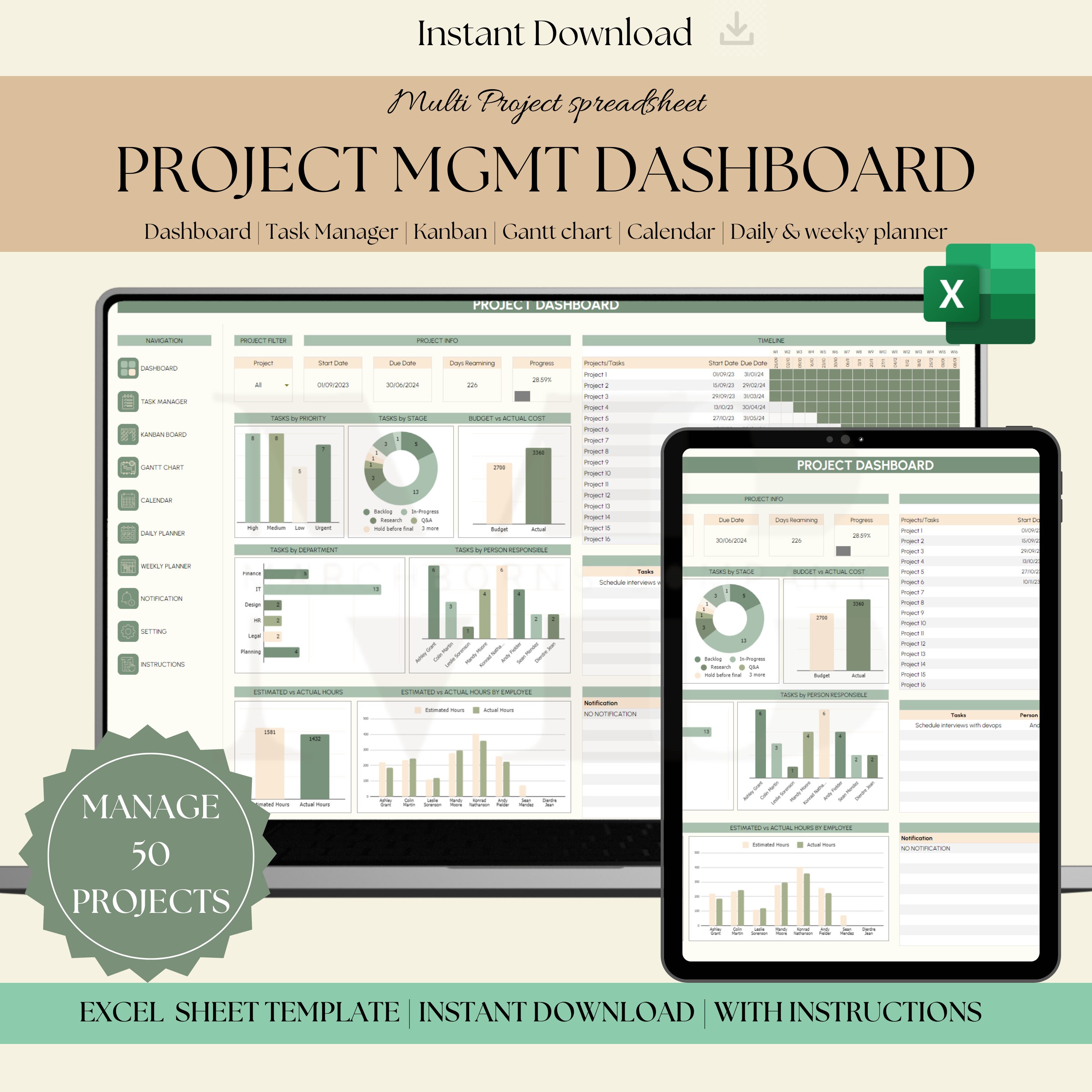 Excel Multi Project Planner Management Dashboard Template Task Manager ...