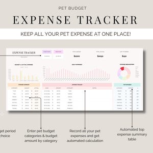 K&ouml;nnte beinhalten: Ein digitaler Haustier-Ausgaben-Tracker mit dem Titel "EXPENSE TRACKER" und dem Text "KEEP ALL YOUR PET EXPENSE AT ONE PLACE!". Der Tracker enth&auml;lt Abschnitte f&uuml;r Budget, t&auml;gliche Ausgaben und Ausgabenaufschl&uuml;sselung mit automatischen Berechnungen.