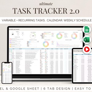Op de afbeelding: Een digitale taaktracker weergegeven op een laptop, tablet en smartphone. Het scherm toont datavisualisaties en takenlijsten. Tekst bevat "ultimate TASK TRACKER 2.0" en "VARIABLE + RECURRING TASKS. CALENDAR. WEEKLY SCHEDULE."