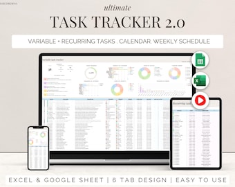 May include: A digital task tracker displayed on a laptop, tablet, and smartphone. The screen shows data visualizations and task lists. Text includes "ultimate TASK TRACKER 2.0" and "VARIABLE + RECURRING TASKS. CALENDAR. WEEKLY SCHEDULE."