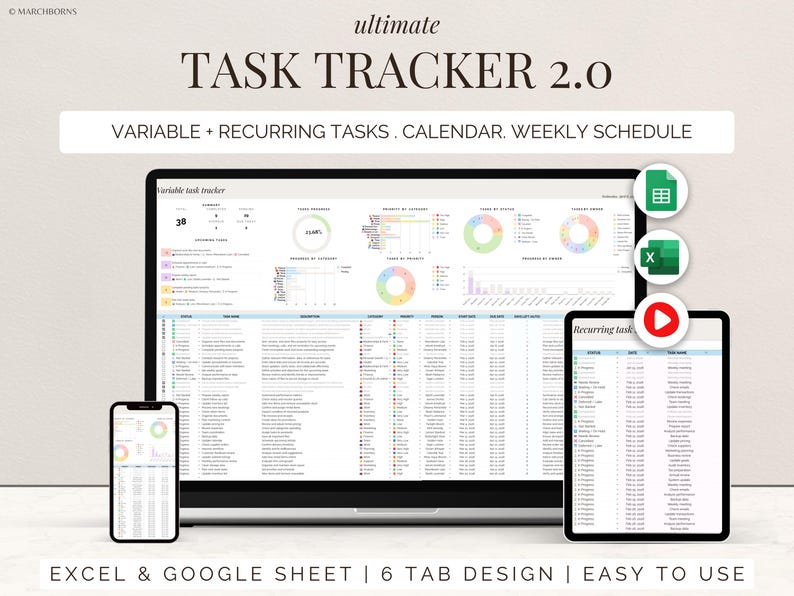 Task Tracker Spreadsheet Google Sheets  To Do List Excel Work Organizer Recurring Task Planner Team Project Management ADHD Productivity Team Project Manager
