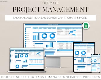 May include: A Google Sheet template for project management with 10 tabs. The template includes a project dashboard, task manager, Kanban board, Gantt chart, and more. The template is designed to help you manage unlimited projects.