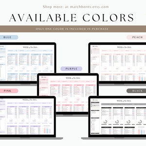 May include: Five laptop screens displaying different colour options for a weekly planner. The colours are blue, pink, purple, peach, and black. The text on the screen says "WEEK 4 To-Do's".