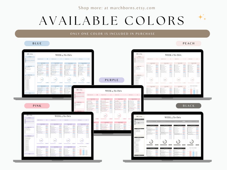 May include: Five laptop screens displaying different colour options for a weekly planner. The colours are blue, pink, purple, peach, and black. The text on the screen says "WEEK 4 To-Do's".