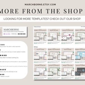 K&ouml;nnte beinhalten: Ein Screenshot einer Etsy-Shop-Seite mit einer Auswahl an digitalen Vorlagen f&uuml;r Excel, Google Sheets und Power BI. Die Vorlagen umfassen Projektmanagement, Buchhaltung, Amazon-Dashboards, Live-Planer, Haustier-Planer, Einnahmen- und Ausgabenverfolgung, Projektverfolgung und mehr. Der Shop hat eine 5-Sterne-Bewertung und &uuml;ber 1.000 Verk&auml;ufe.