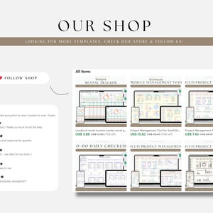 May include: A digital storefront showcasing various downloadable templates for project management, rental tracking, and to-do lists. The templates are displayed on computer and phone screens, with prices and discounts listed. The shop also features customer reviews.