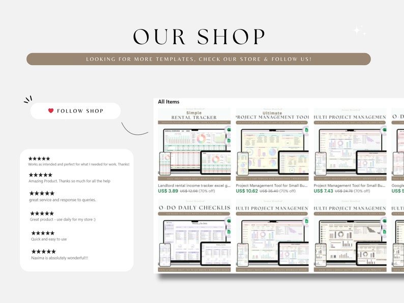 May include: A digital storefront showcasing various downloadable templates for project management, rental tracking, and to-do lists. The templates are displayed on computer and phone screens, with prices and discounts listed. The shop also features customer reviews.
