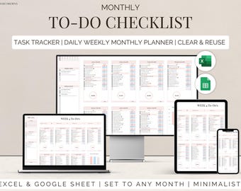 May include: A digital monthly to-do checklist displayed on a laptop, desktop monitor, tablet, and smartphone. The screens show a task tracker, daily, weekly, and monthly planner. The text on the image says "To-Do Checklist" and "Excel & Google Sheet".