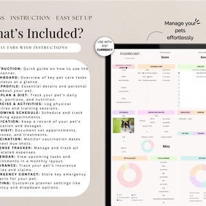 May include: Digital pet planner on a tablet screen. The interface includes sections for pet care, expenses, and health records. Text on the screen reads "What's Included?" and lists features such as "Pet Profile" and "Grooming Schedule."