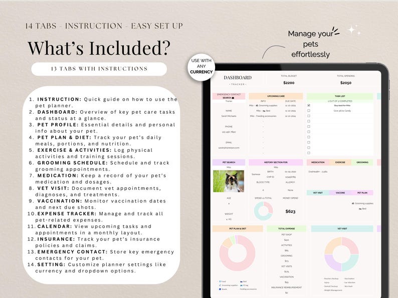 May include: Digital pet planner on a tablet screen. The interface includes sections for pet care, expenses, and health records. Text on the screen reads "What's Included?" and lists features such as "Pet Profile" and "Grooming Schedule."