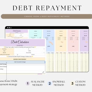 May include: A computer screen displaying a debt repayment calculator with a purple, pink, and yellow color scheme. The calculator has a dashboard with fields for entering year, month, currency, and monthly extra payment. The screen also shows a table with columns for debt, interest rate, minimum payment, and extra payment. The calculator offers three debt repayment strategies: Avalanche, Snowball, and Custom.