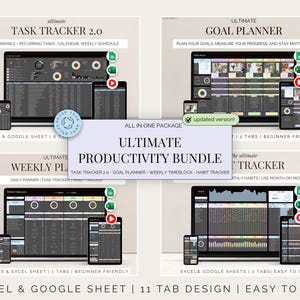 May include: The Ultimate Productivity Bundle, featuring Task Tracker 2.0, Goal Planner, Weekly Planner, and Habit Tracker. Each planner is displayed on a computer, tablet, and phone. The bundle is designed for Excel and Google Sheets, with an 11-tab design for easy use.