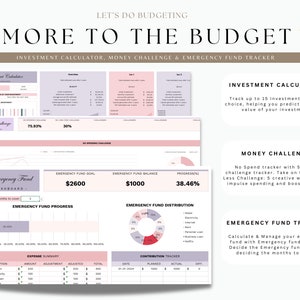 May include: A printable budget planner with pink and purple accents. The planner includes sections for investment calculator, money challenge, and emergency fund tracker. The text "Let's Do Budgeting" and "More to the Budget" is at the top of the page.
