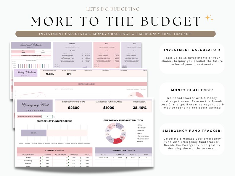 May include: A printable budget planner with pink and purple accents. The planner includes sections for investment calculator, money challenge, and emergency fund tracker. The text "Let's Do Budgeting" and "More to the Budget" is at the top of the page.