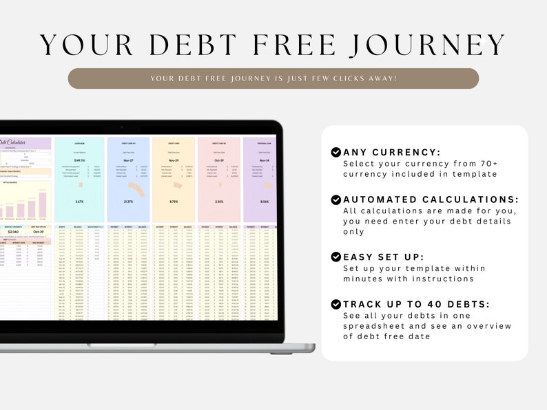 May include: A laptop computer displaying a spreadsheet with colorful tabs. The spreadsheet is a debt tracker with the text "YOUR DEBT FREE JOURNEY" at the top. The text "ANY CURRENCY: Select your currency from 70+ currency included in template" is visible on the right side of the image.