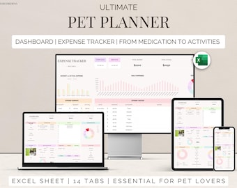 Pet Planner Excel spreadsheet template Ultimate Pet Care Organizer schedule tracker Health Log Grooming Diet Exercise Vaccination Expense