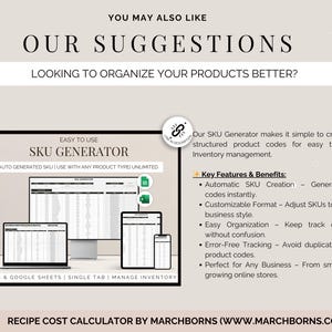 May include: An advertisement for an SKU generator, displayed on a computer, laptop, tablet, and phone. The text reads "Easy to Use SKU Generator" and "Looking to organize your products better?" Key features include automatic SKU creation and customizable format.