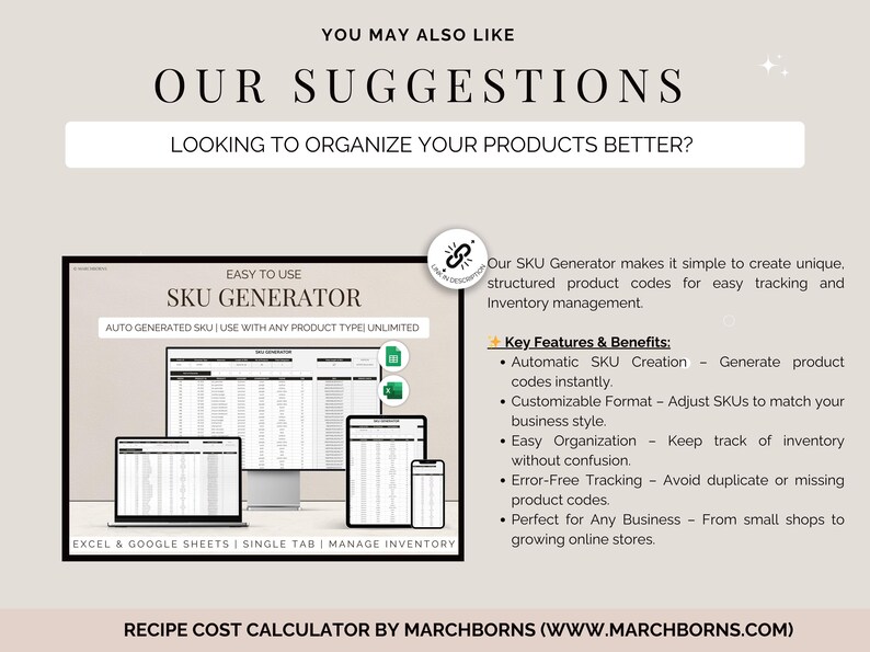 May include: An advertisement for an SKU generator, displayed on a computer, laptop, tablet, and phone. The text reads "Easy to Use SKU Generator" and "Looking to organize your products better?" Key features include automatic SKU creation and customizable format.