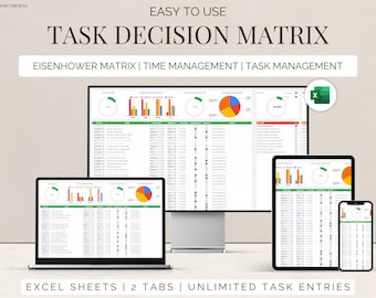 May include: A computer screen displaying a spreadsheet with a colorful chart and the text "Task Decision Matrix". The spreadsheet is labeled "Eisenhower Matrix | Time Management | Task Management". The screen is on a table with two smaller screens displaying similar spreadsheets. The text "Excel Sheets | 2 Tabs | Unlimited Task Entries" is at the bottom of the image.