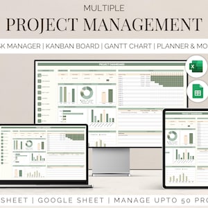 May include: A digital project management dashboard displayed on a laptop, desktop monitor, tablet, and smartphone. The screens show charts and graphs with the text "PROJECT MANAGEMENT", "TASK MANAGER", "KANBAN BOARD", "GANTT CHART", "PLANNER & MORE!", "EXCEL SHEET", "GOOGLE SHEET", and "MANAGE UPTO 50 PROJECTS".