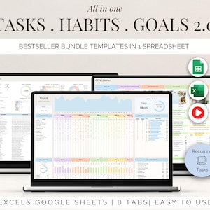 May include: A digital product bundle displayed on three laptop screens. The screens show spreadsheet templates for tasks, habits, and goals. The text on the image reads "TASKS. HABITS. GOALS 2.0" and "BESTSELLER BUNDLE TEMPLATES IN 1 SPREADSHEET".