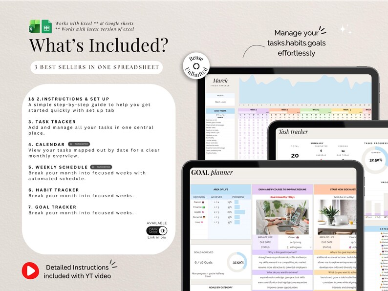 Excel Task Habit Goal Tracker Google Sheets ADHD Productivity Planner ...