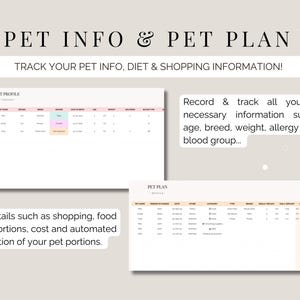 May include: A digital pet planner with the text "PET INFO & PET PLAN". The planner includes sections for tracking pet profiles, diet, and shopping information. It allows users to record details such as age, breed, weight, and allergy information.