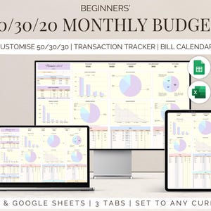 50/30/20 Monthly Budget Spreadsheet: Excel & Google Sheets (Digital Download)