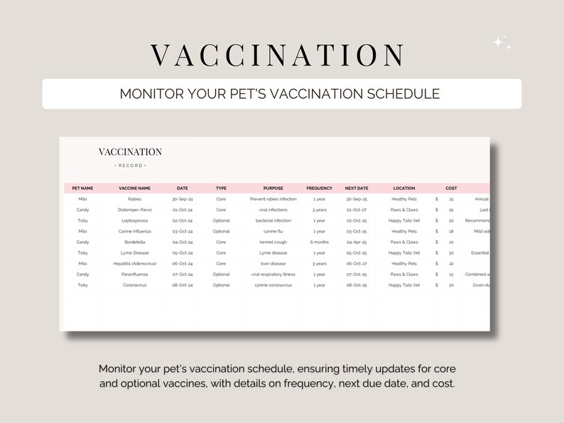 May include: A pet vaccination record sheet with a pink header and table rows. The sheet includes columns for pet name, vaccine name, date, type, purpose, frequency, next date, location, and cost. The text "VACCINATION" and "MONITOR YOUR PET'S VACCINATION SCHEDULE" are at the top.