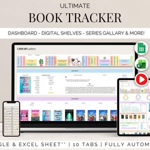 May include: A digital book tracker displayed on a laptop, smartphone, and tablet. The laptop screen shows a library interface with book covers. The tablet displays charts and graphs. The text reads "ULTIMATE BOOK TRACKER".