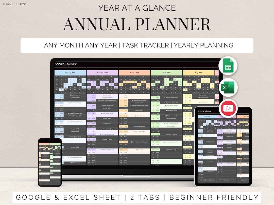 One Page Annual Calendar Template Excel Spreadsheet Yearly Planner ...
