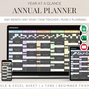 Puede incluir: Un planificador anual digital que se muestra en una computadora portátil, tableta y teléfono inteligente. El planificador presenta un diseño de calendario con seguimiento de tareas y capacidades de planificación anual. El texto incluye "Year at a Glance" y "Annual Planner."