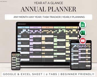 One page annual calendar template Excel spreadsheet yearly planner google sheets 12 Month tracker Daily To Do List Digital Minimalist