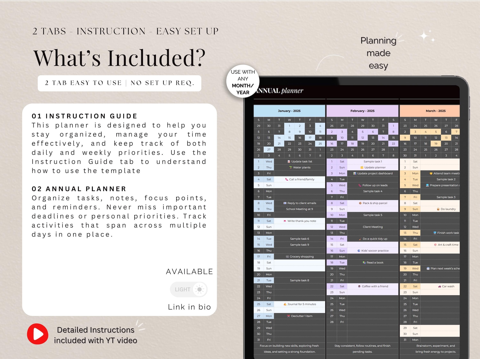 One Page Annual Calendar Template Excel Spreadsheet Yearly Planner ...