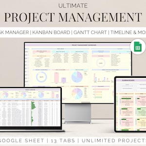 May include: A computer screen displaying a Google Sheet with a project management dashboard. The dashboard includes a Kanban board, Gantt chart, timeline, and task manager. The text on the screen reads "Project Management Dashboard" and "Kanban Board". The text below the screen reads "Google Sheet | 13 Tabs | Unlimited Projects".