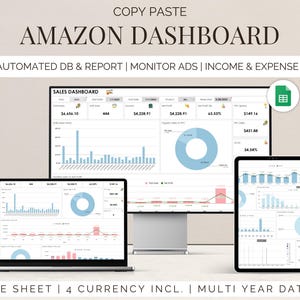 May include: A computer screen displaying a Google Sheet dashboard with the title "Amazon Dashboard". The dashboard includes charts and graphs with data related to sales, income, and expenses. The text "AUTOMATED DB & REPORT | MONITOR ADS | INCOME & EXPENSE" is displayed below the title. The text "SALES DASHBOARD" is displayed in a box at the top of the dashboard. The text "GOOGLE SHEET | 4 CURRENCY INCL. | MULTI YEAR DATABASE" is displayed below the screen.
