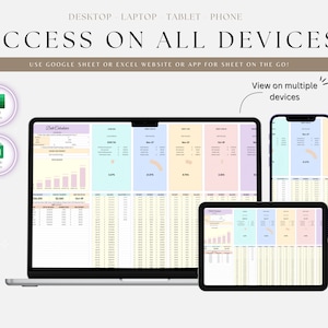 May include: A screenshot showing a spreadsheet on a laptop, tablet, and phone. The spreadsheet is titled "Debt Calculator" and is divided into sections for different months. The text "Access on all devices" is displayed at the top of the image. The text "Use Google Sheet or Excel website or app for sheet on the go!" is displayed below the title. The text "View on multiple devices" is displayed in a curved arrow pointing to the right.