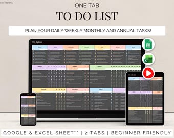 One tab to do list excel template task tracker google sheets cleaning schedule daily weekly checklist planner activity tracker weekly agenda