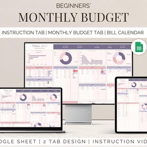 Op de afbeelding: Een screenshot van een Google Sheet met een maandelijkse budgetsjabloon. De sheet heeft drie tabbladen: Instructie, Maandelijks budget en Factuurkalender. De sheet is ontworpen met een paars en roze kleurenschema. De afbeelding toont ook een Google Sheet-logo in de rechterbovenhoek.
