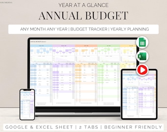 Annual budget google sheets year at a glance planner 12 months budgeting Excel monthly budget tracker spreadsheet template Personal finance